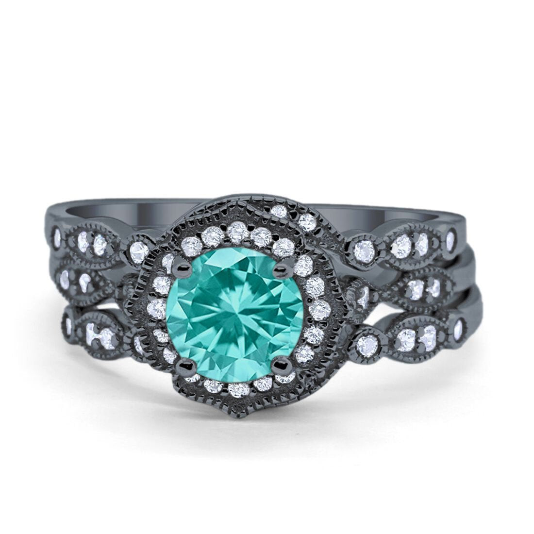 Halo Three Piece Wedding Art Deco Black Tone, Simulated Paraiba Tourmaline CZ Ring 925 Sterling Silver