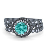 Halo Three Piece Wedding Art Deco Black Tone, Simulated Paraiba Tourmaline CZ Ring 925 Sterling Silver
