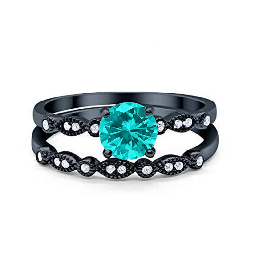 Art Deco Engagement Piece Ring Black Tone, Simulated Paraiba Tourmaline CZ 925 Sterling Silver