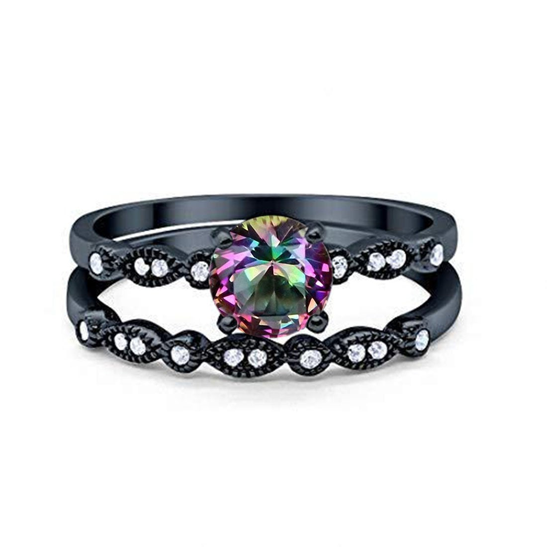 Art Deco Engagement Piece Ring Black Tone, Simulated Rainbow CZ 925 Sterling Silver