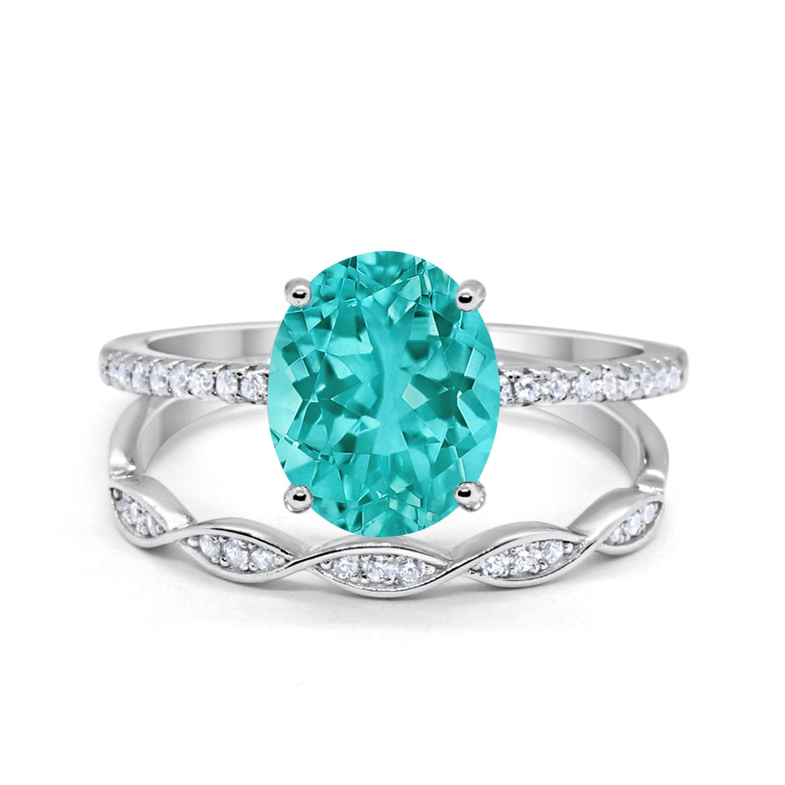 Two Piece Oval Bridal Wedding Ring Simulated Paraiba Tourmaline CZ 925 Sterling Silver