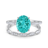 Two Piece Oval Bridal Wedding Ring Simulated Paraiba Tourmaline CZ 925 Sterling Silver