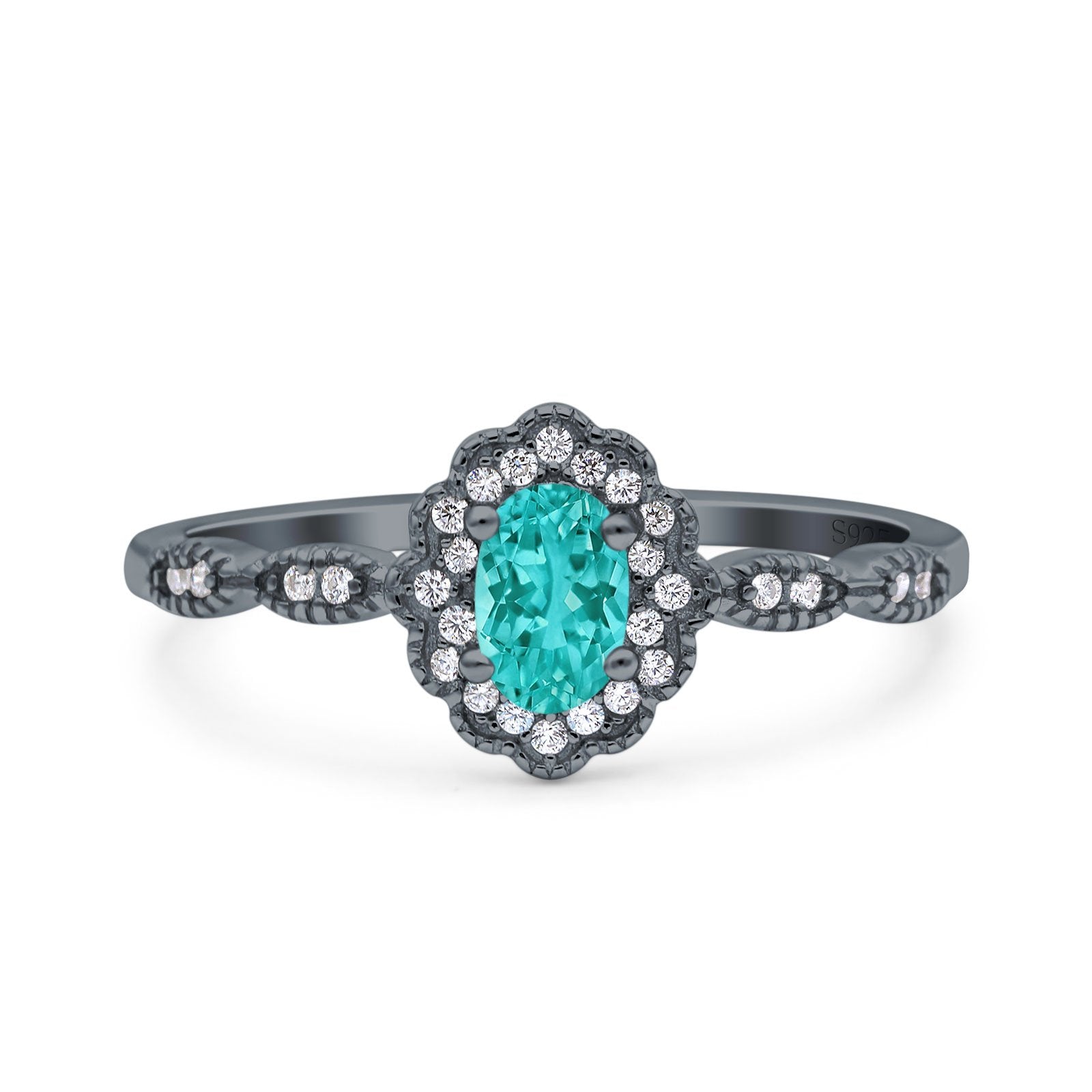 Halo Art Deco Oval Engagement Ring Black Tone, Simulated Paraiba Tourmaline CZ 925 Sterling Silver