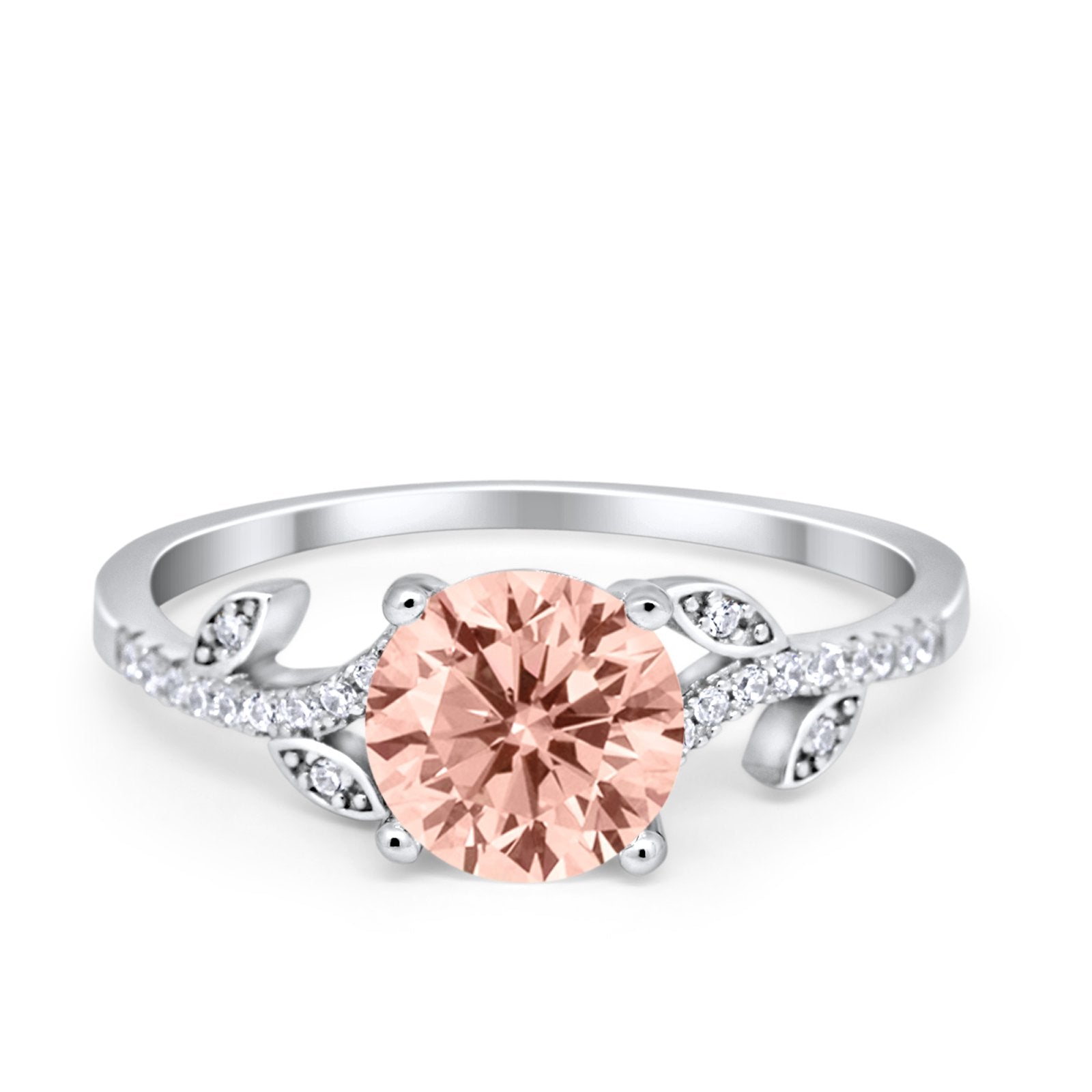 Leaf Style Wedding Ring Round Simulated Morganite CZ 925 Sterling Silver