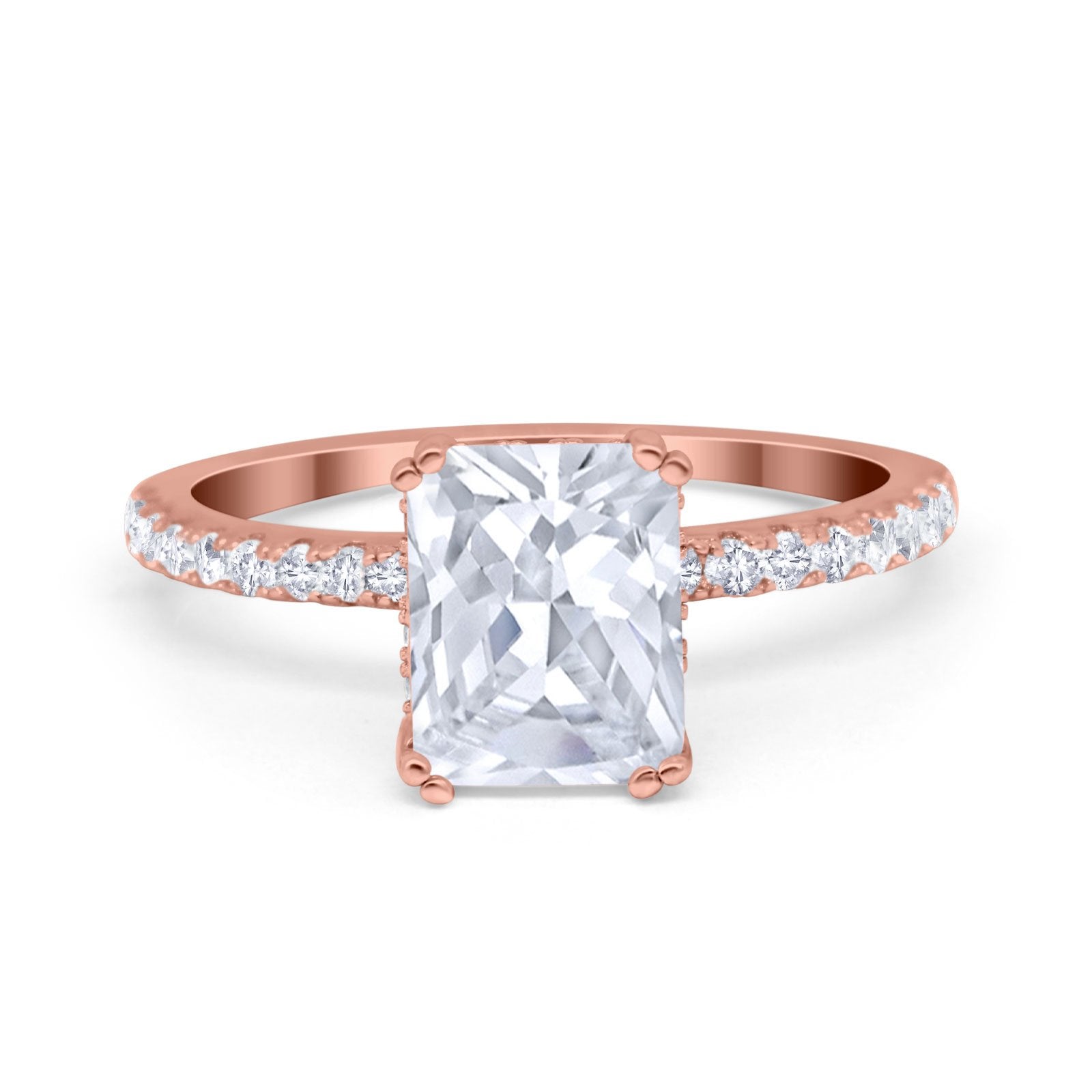Art Deco Radiant Engagement Ring Rose Tone, Simulated Cubic Zirconia 925 Sterling Silver