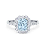 Halo Radiant Cut Wedding Ring Simulated Aquamarine CZ 925 Sterling Silver