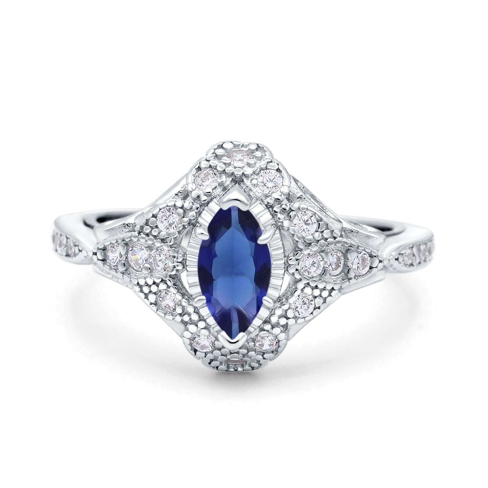 Marquise Art Deco Engagement Ring Accent Simulated Blue Sapphire CZ 925 Sterling Silver