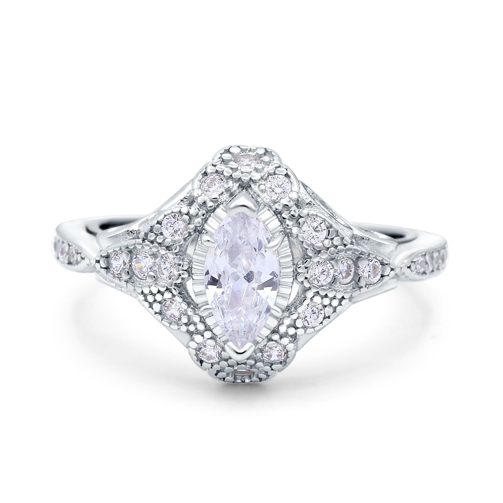 Marquise Art Deco Engagement Ring Accent Simulated Cubic Zirconia 925 Sterling Silver