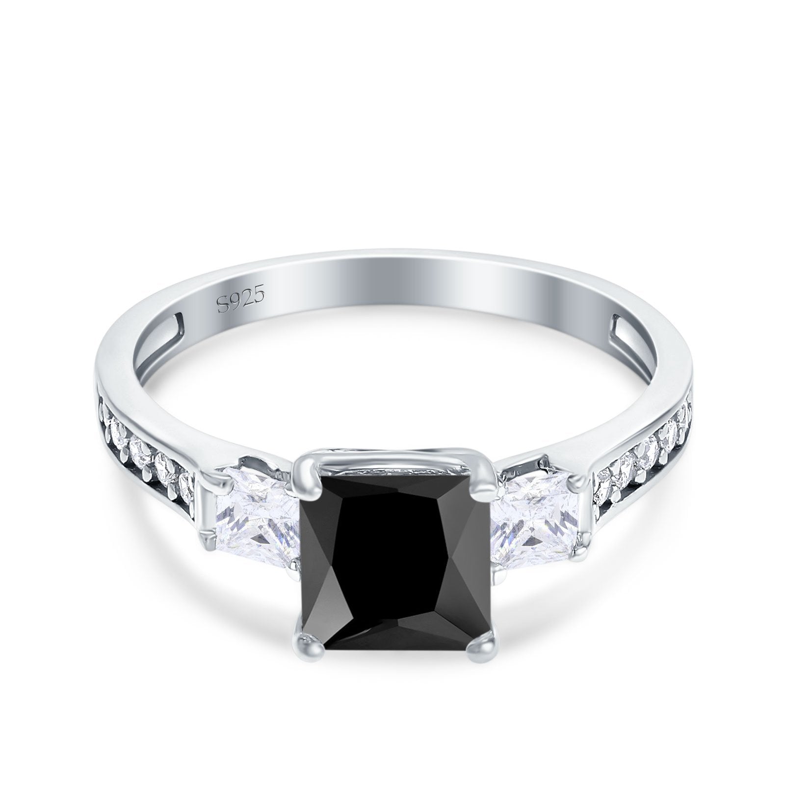 Princess Cut Art Deco Wedding Ring Simulated Black CZ 925 Sterling Silver