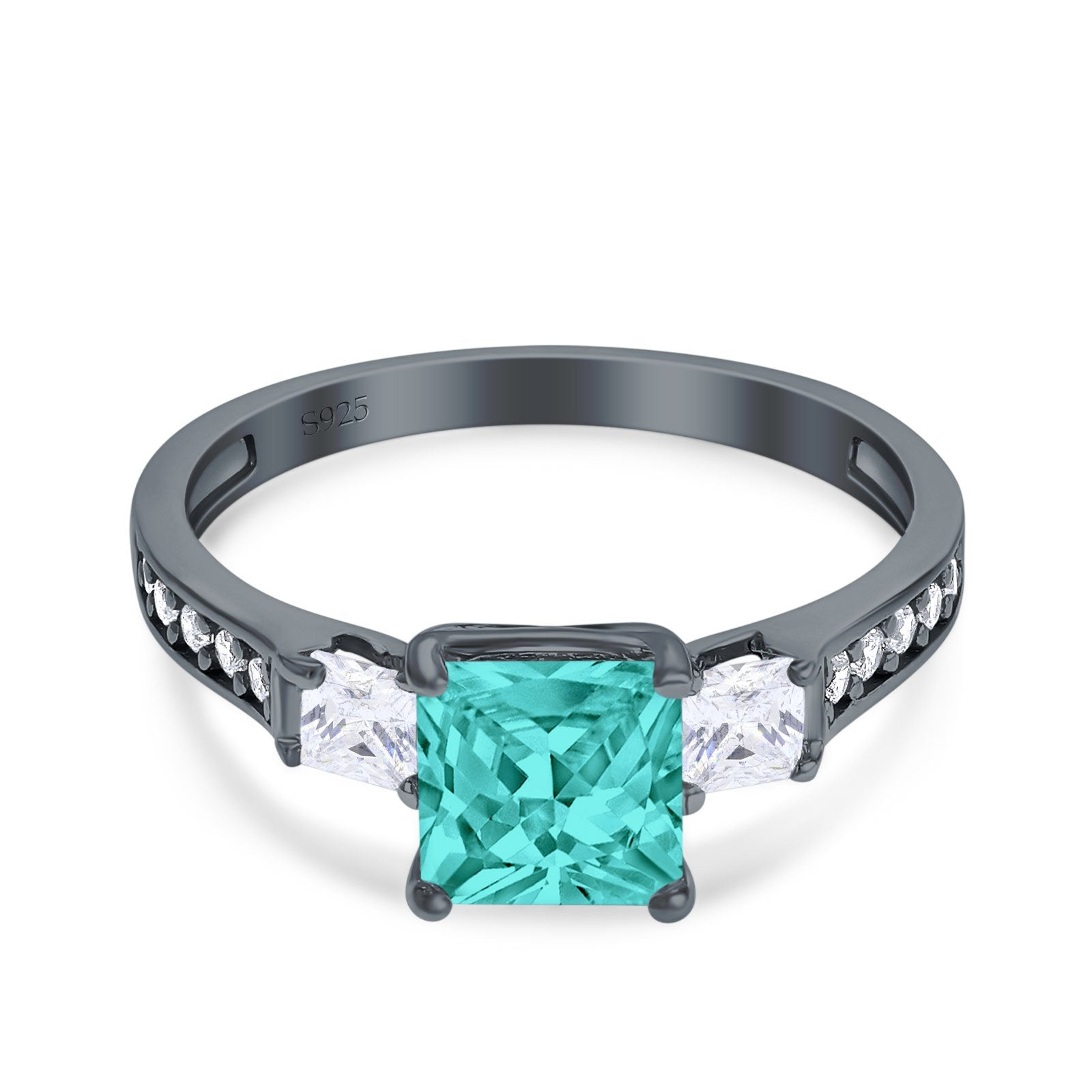 Princess Cut Art Deco Wedding Ring Black Tone, Simulated Paraiba Tourmaline CZ 925 Sterling Silver