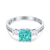 Princess Cut Art Deco Wedding Ring Simulated Paraiba Tourmaline CZ 925 Sterling Silver