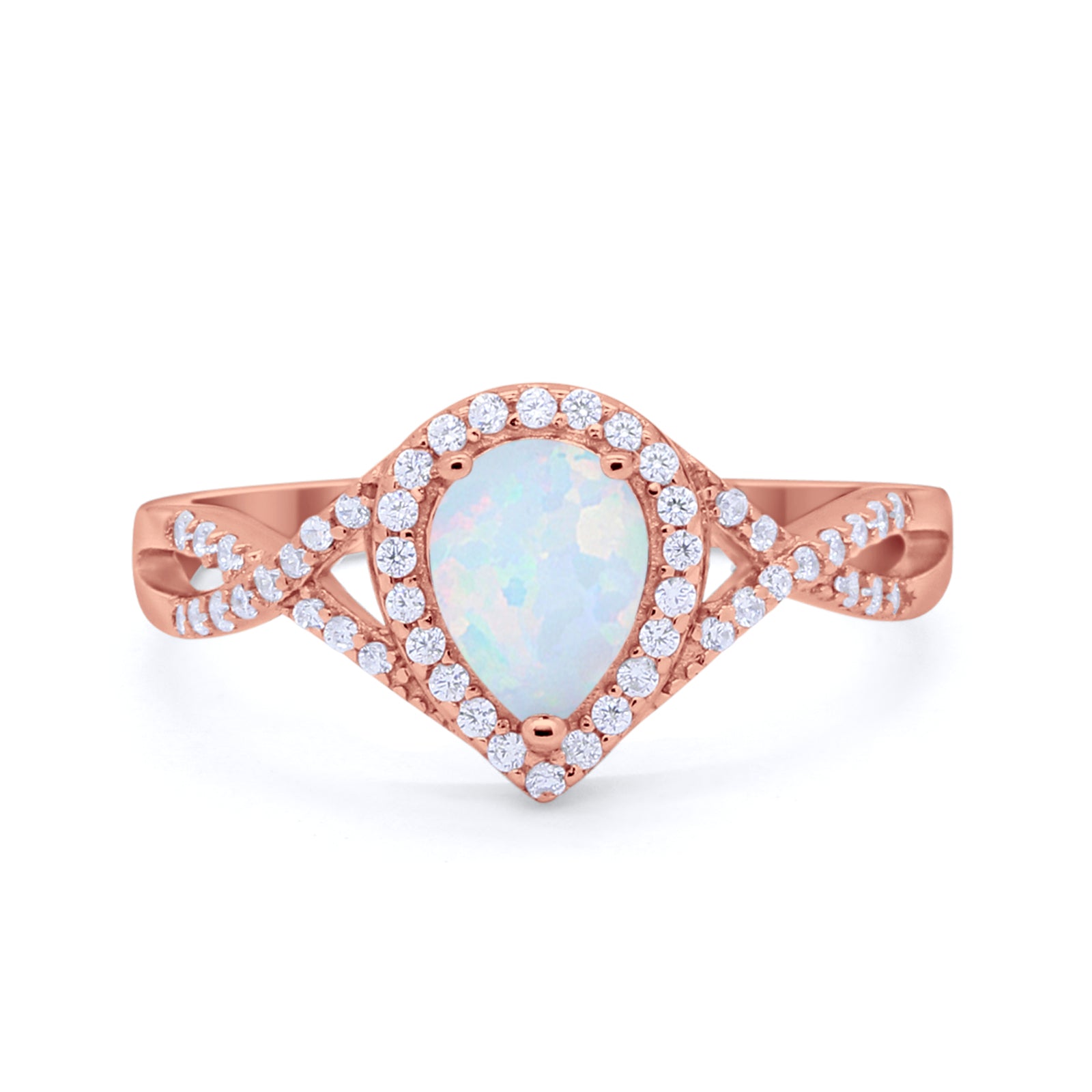 Teardrop Wedding Promise Ring Infinity Round Rose Tone, Lab White Opal 925 Sterling Silver