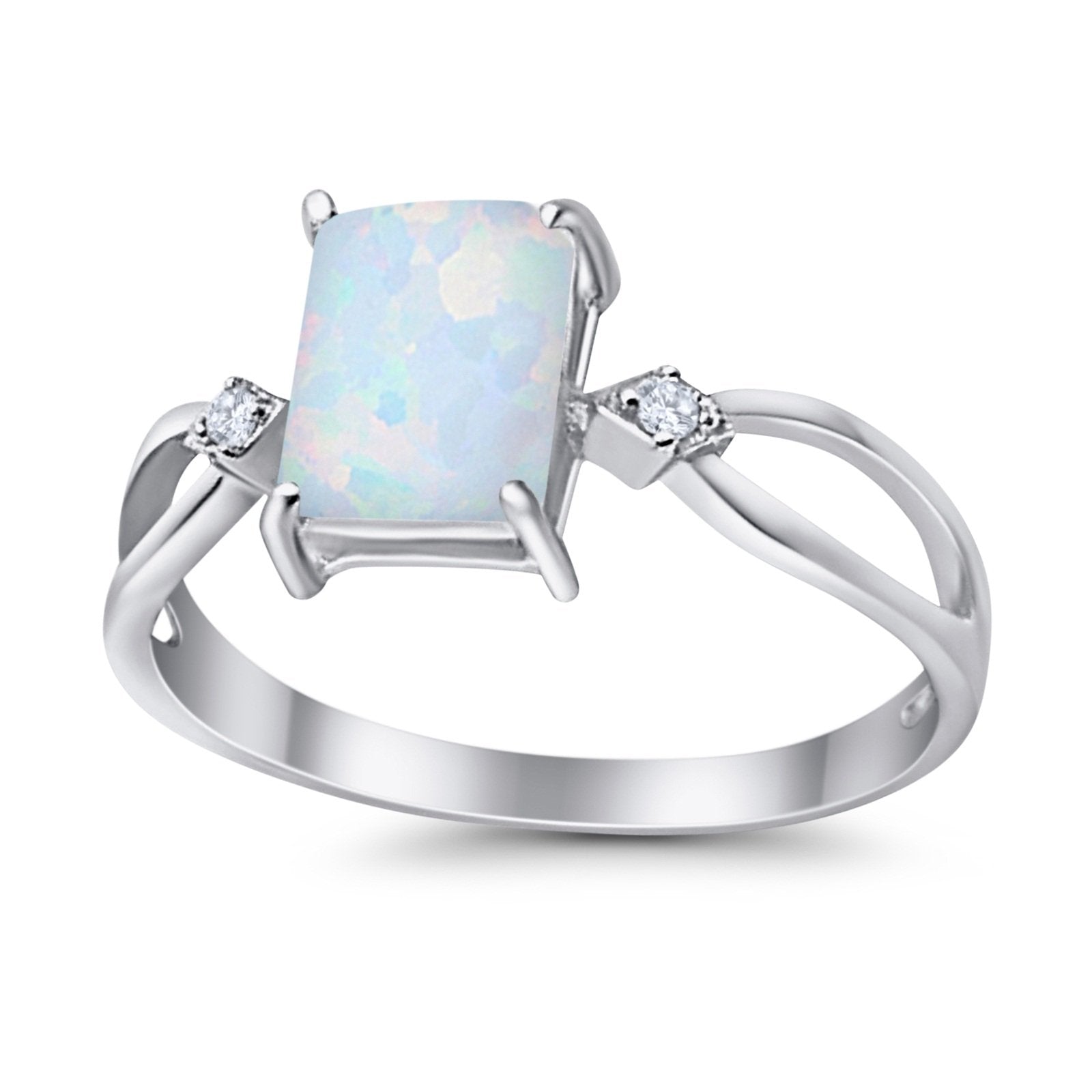 Halo Wedding Ring Baguette Round Lab Created White Opal 925 Sterling Silver