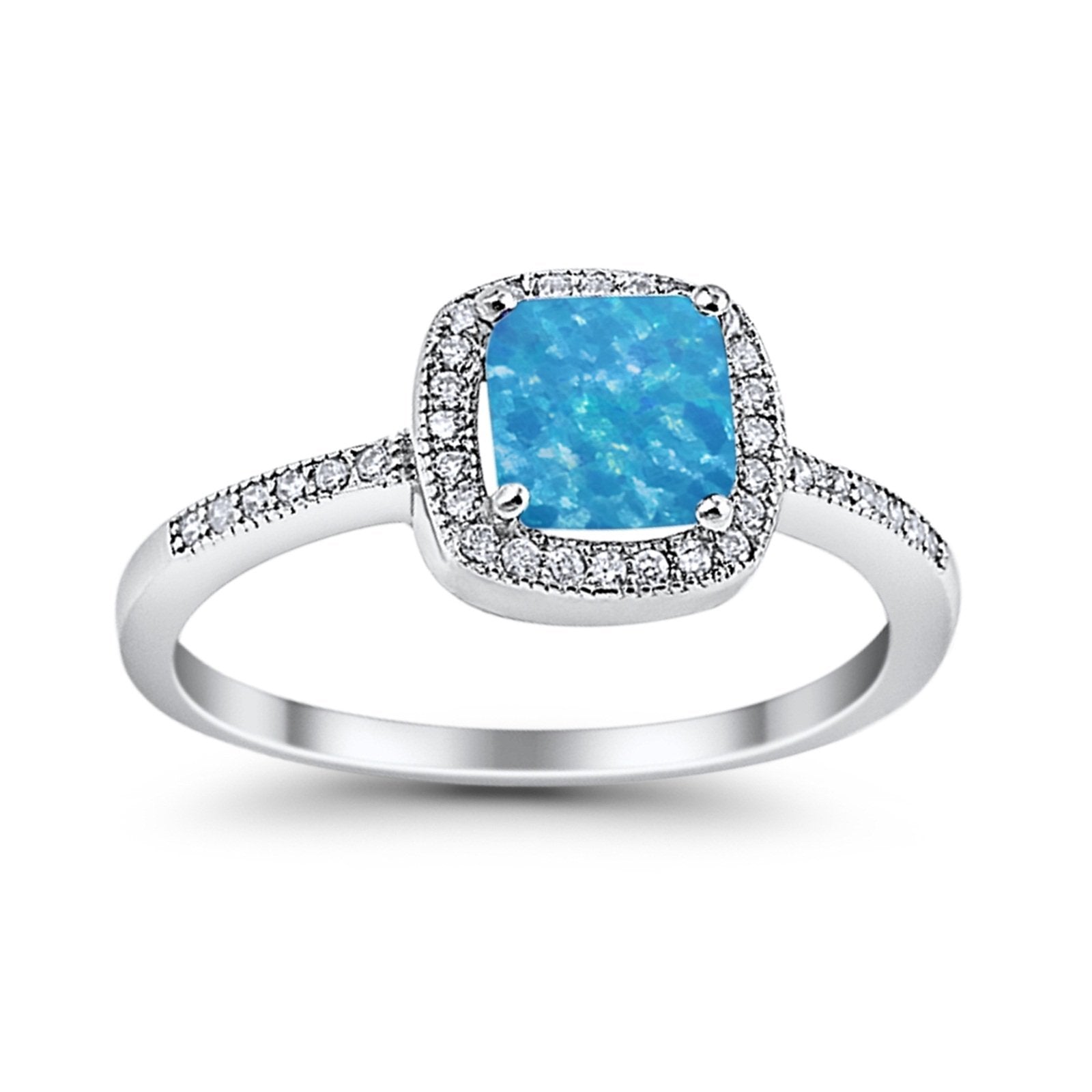 Halo Accent Engagement Ring Lab Created Blue Opal 925 Sterling Silver