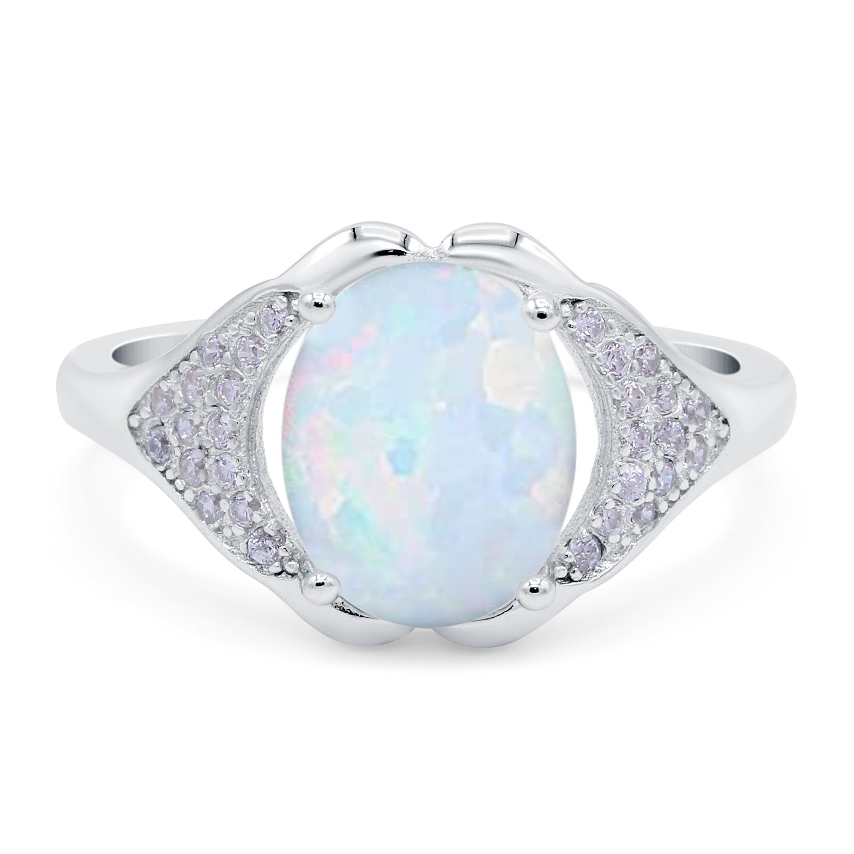 Oval Art Deco Wedding Bridal Ring Lab Created White Opal 925 Sterling Silver