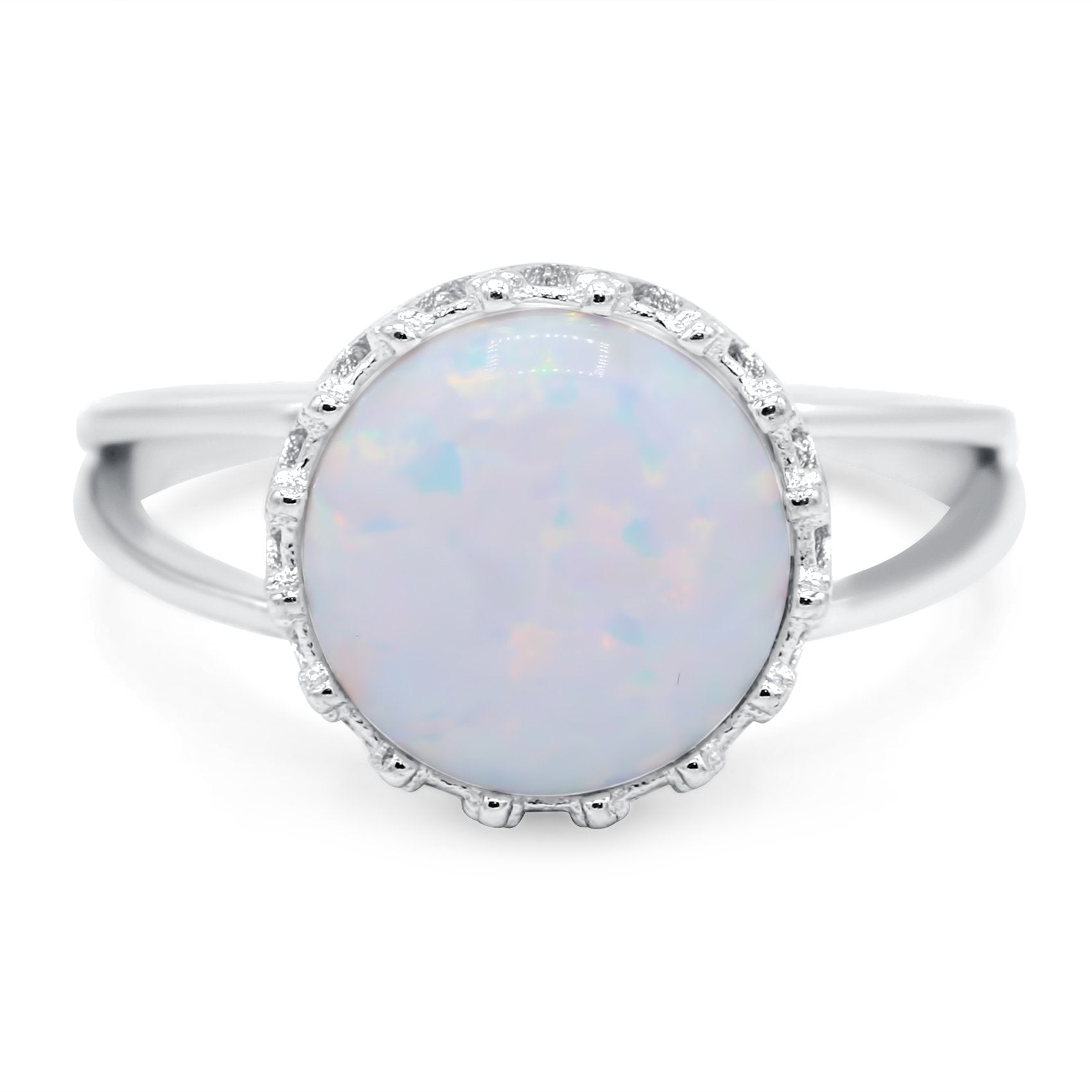 Split Shank Ring Band Round Lab Created White Opal 925 Sterling Silver (12mm)
