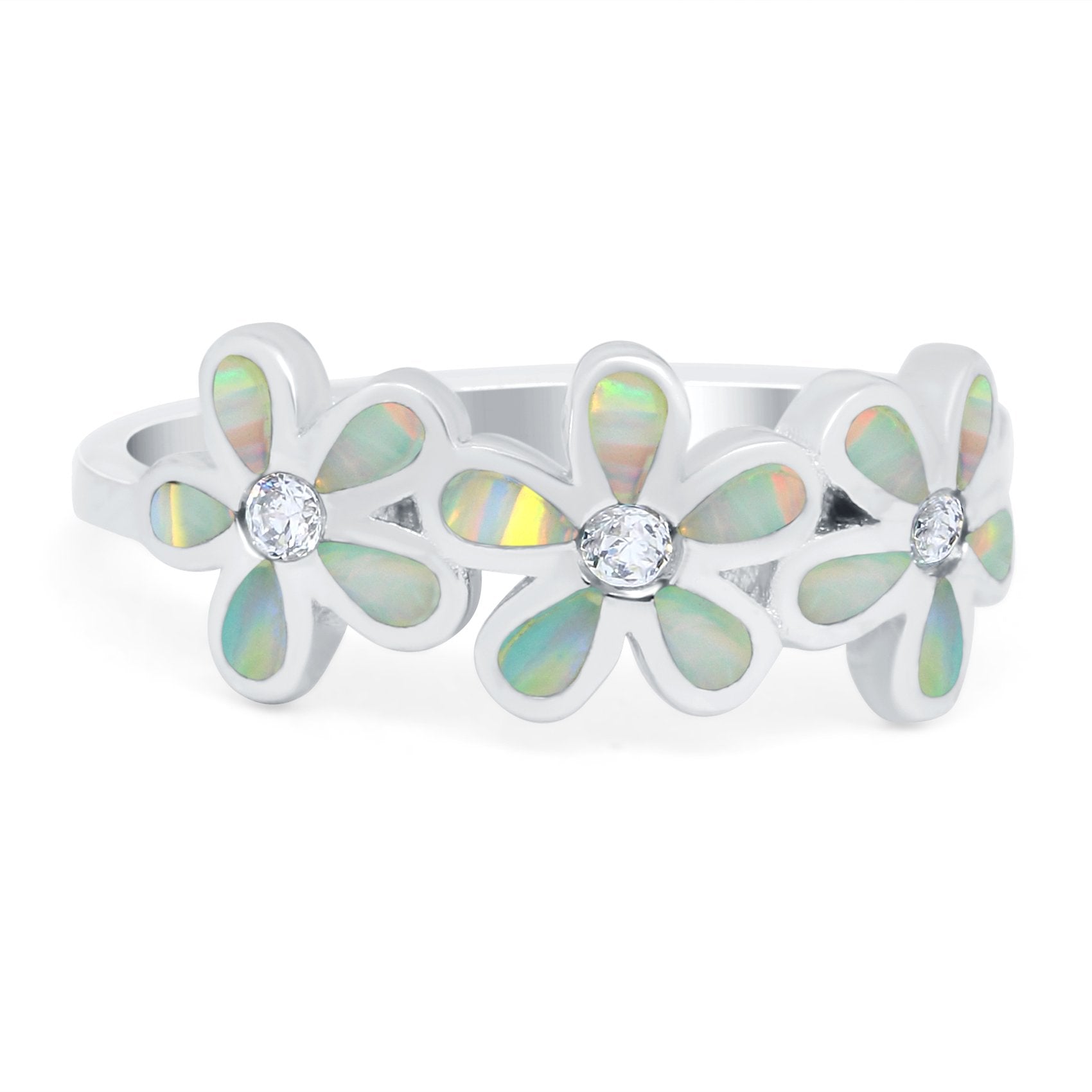 Plumeria Flower Ring Band Lab Created White Opal 925 Sterling Silver (8mm)