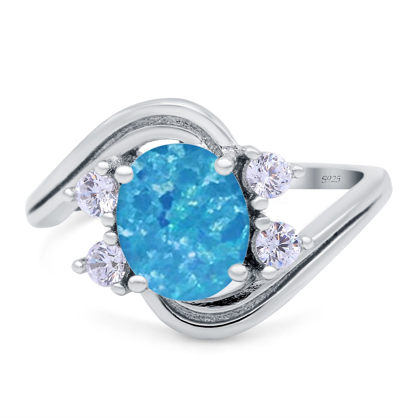 Swirl Oval Wedding Bridal Ring Lab Created Blue Opal 925 Sterling Silver