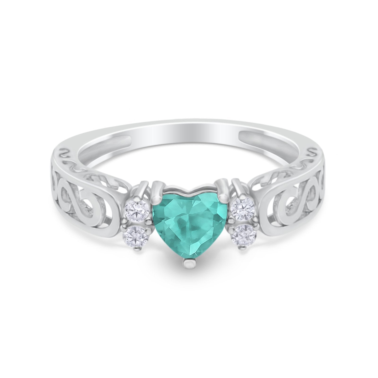 Filigree Heart Promise Wedding Ring Simulated Paraiba Tourmaline CZ 925 Sterling Silver