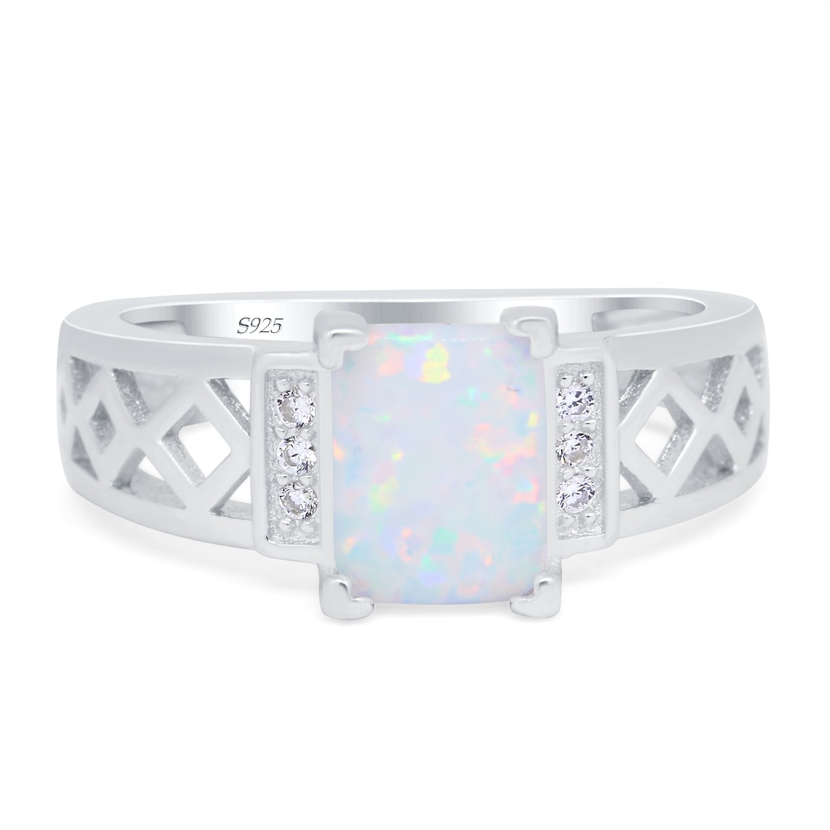 Fashion Ring Radiant Cut Lab Created White Opal 925 Sterling Silver