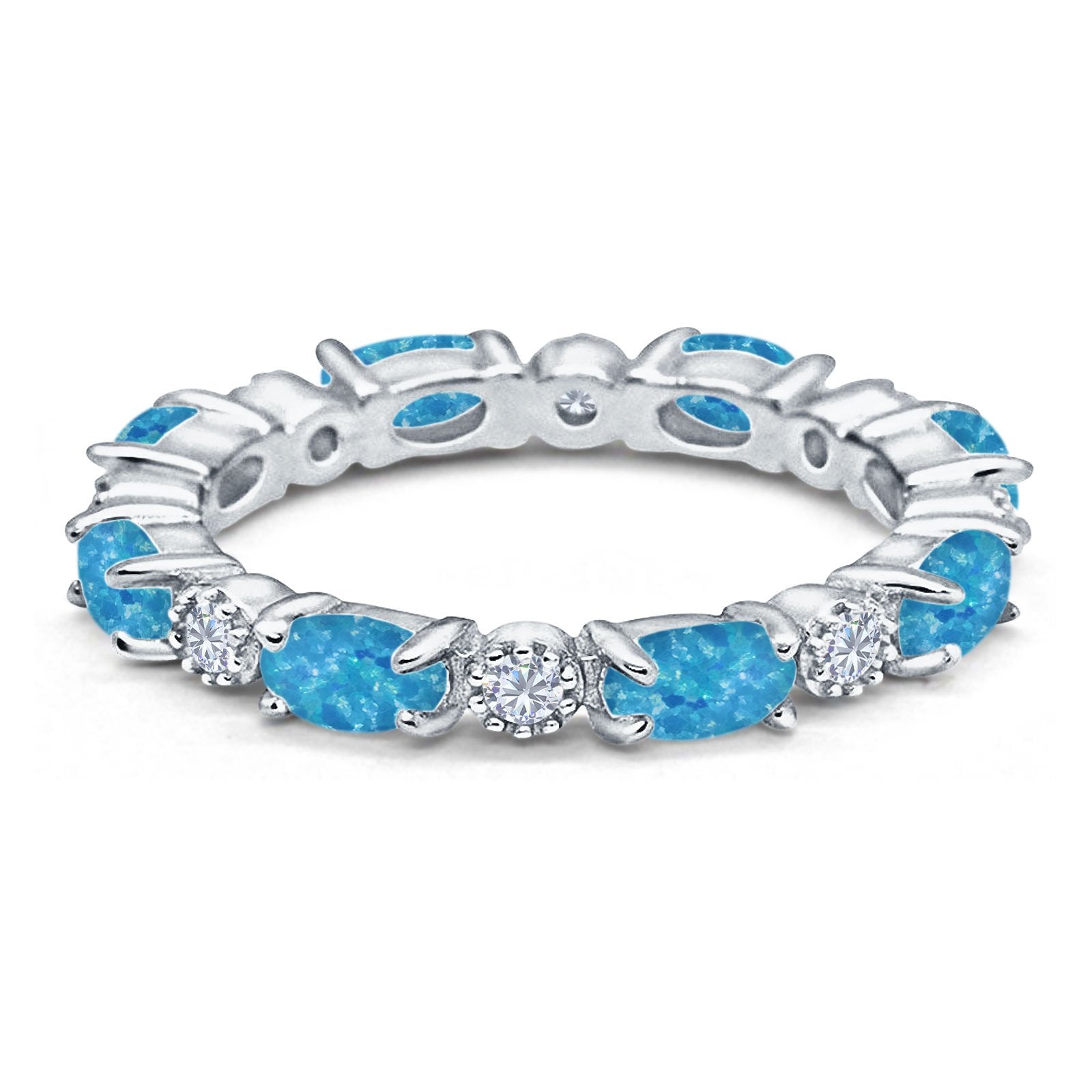 Full Eternity Stackable Band Ring Oval Lab Created Blue Opal 925 Sterling Silver