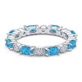 Full Eternity Stackable Band Ring Oval Lab Created Blue Opal 925 Sterling Silver