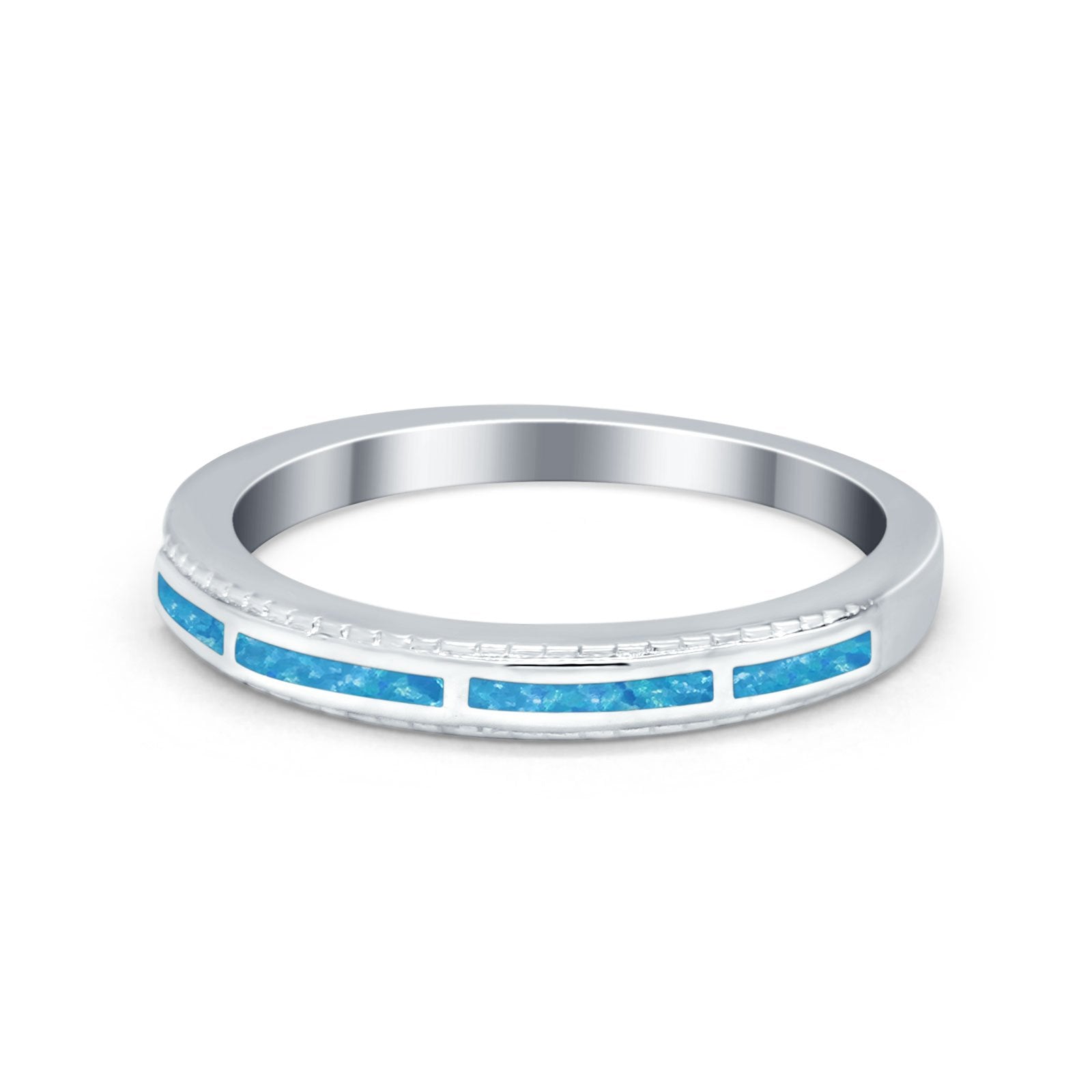 Wedding Band Rings Stackable Eternity Lab Created Blue Opal Round 925 Sterling Silver