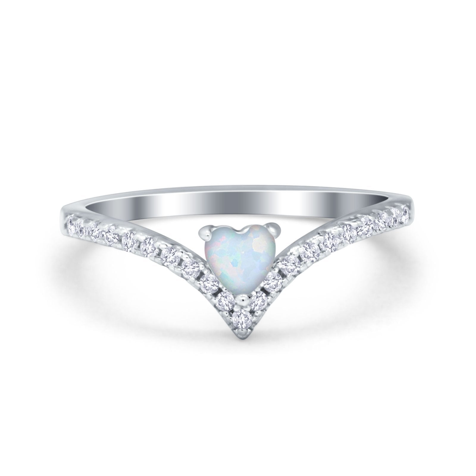 Chevron Midi V Ring Heart Lab Created White Opal 925 Sterling Silver