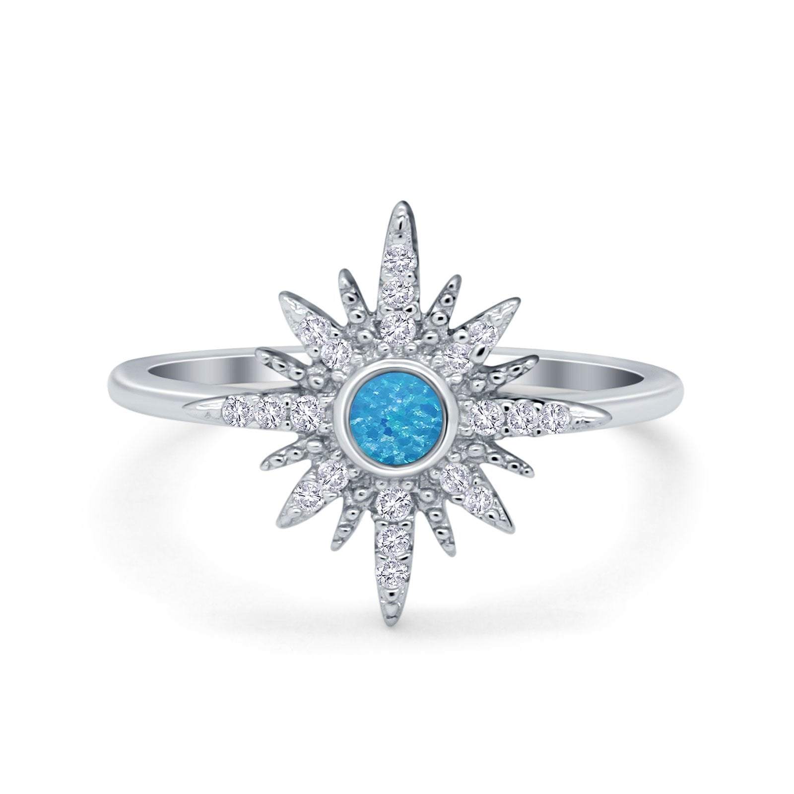 Cluster Starburst Opal Ring Round Lab Created Blue Opal 925 Sterling Silver