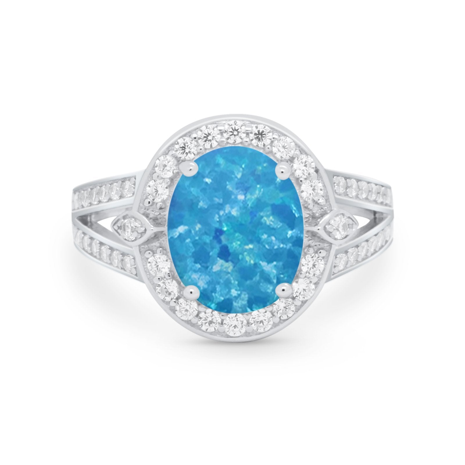 Art Deco Split Shank Engagement Bridal Ring Lab Created Blue Opal 925 Sterling Silver