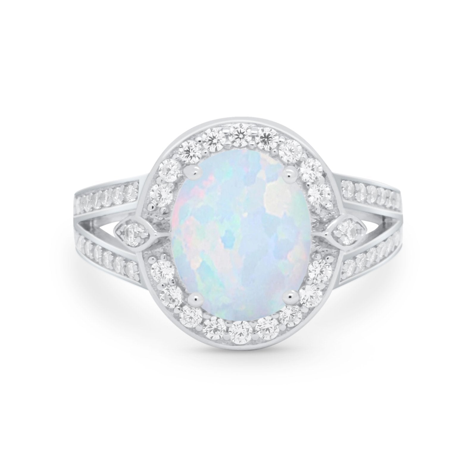 Art Deco Split Shank Engagement Bridal Ring Lab Created White Opal 925 Sterling Silver