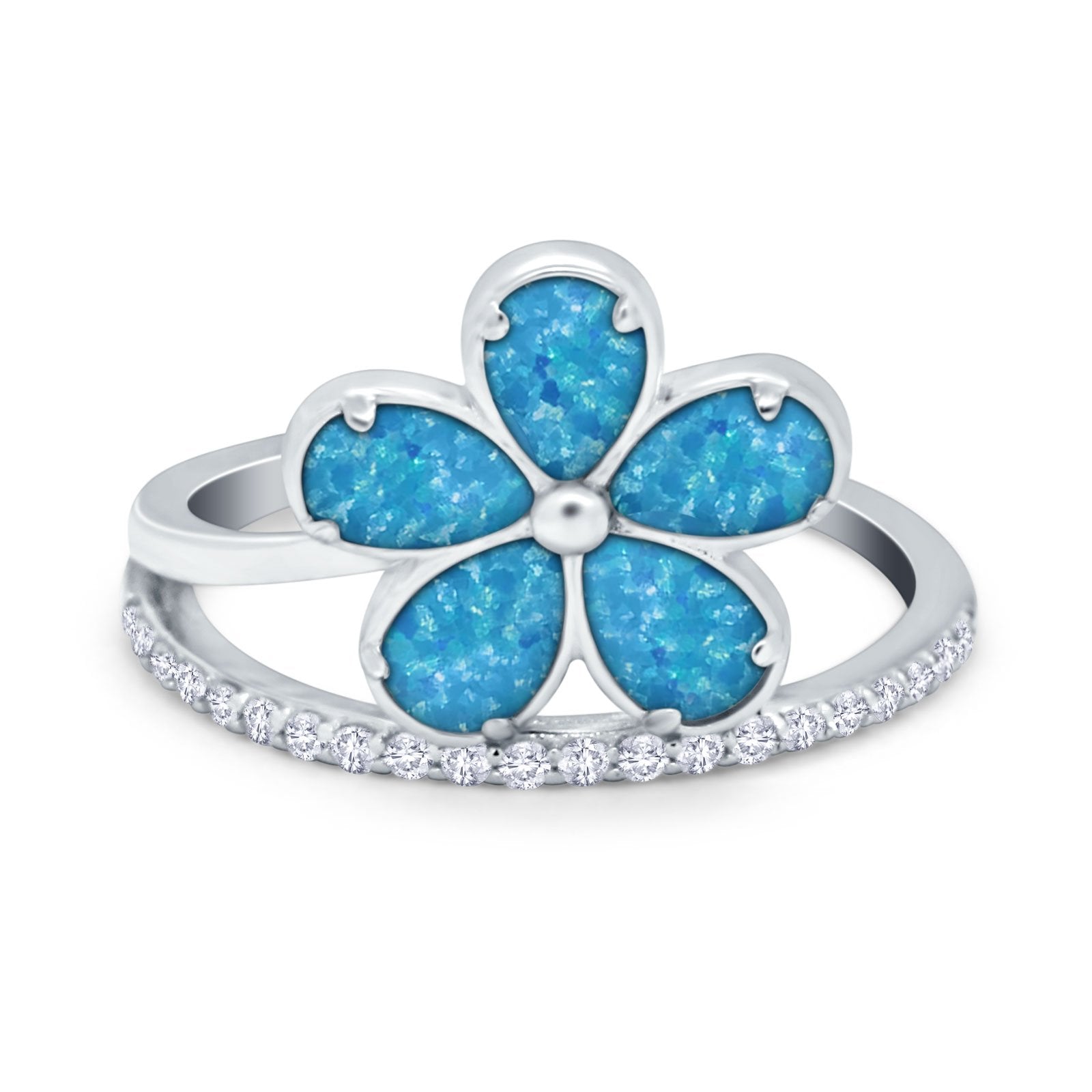 Plumeria Flower Ring Lab Created Blue Opal 925 Sterling Silver