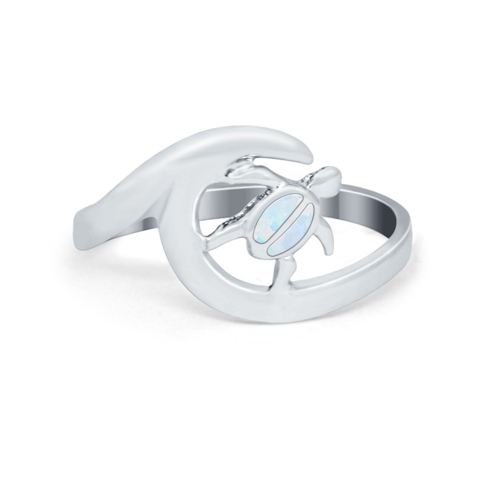 Summer Turtle Wave Ring Band Lab Created White Opal Round 925 Sterling Silver