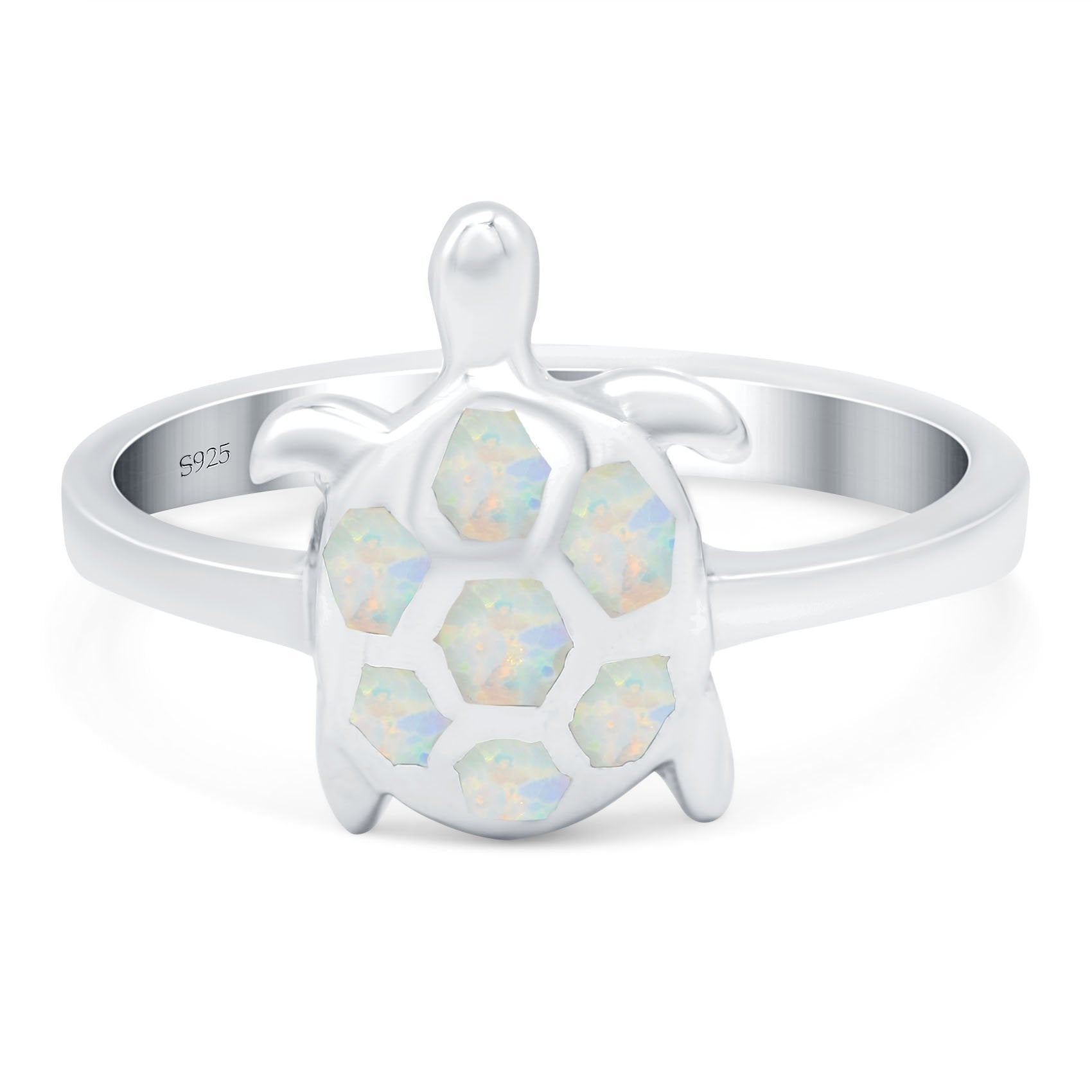 Turtle Ring Band Lab Created White Opal 925 Sterling Silver (14mm)