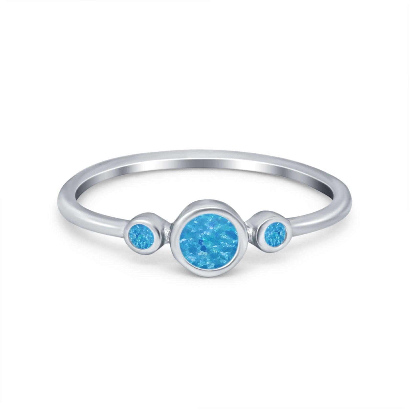Fashion Style Band Ring Round Lab Created Blue Opal 925 Sterling Silver