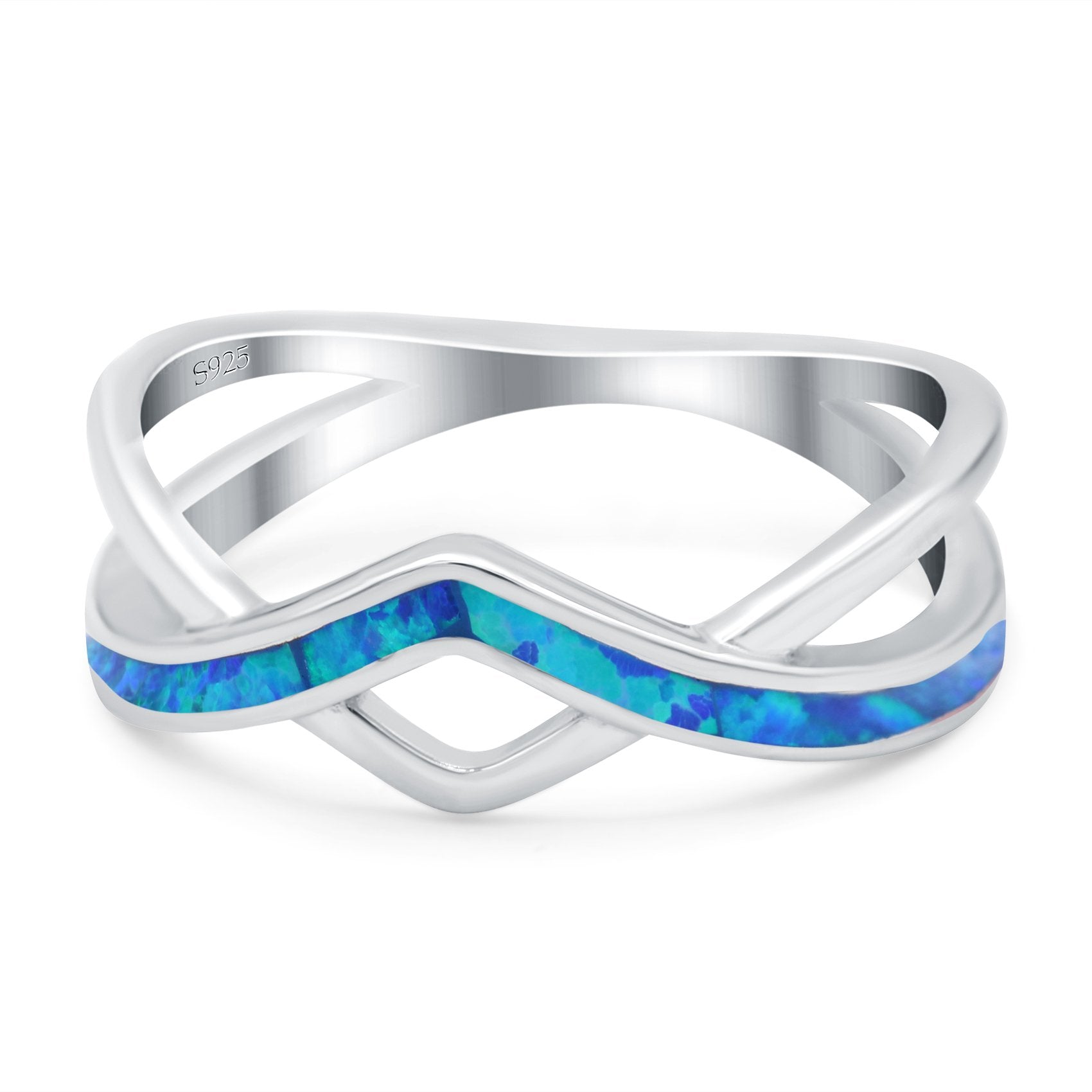 Criss Cross V Shape Ring Band Lab Created Blue Opal 925 Sterling Silver (6mm)