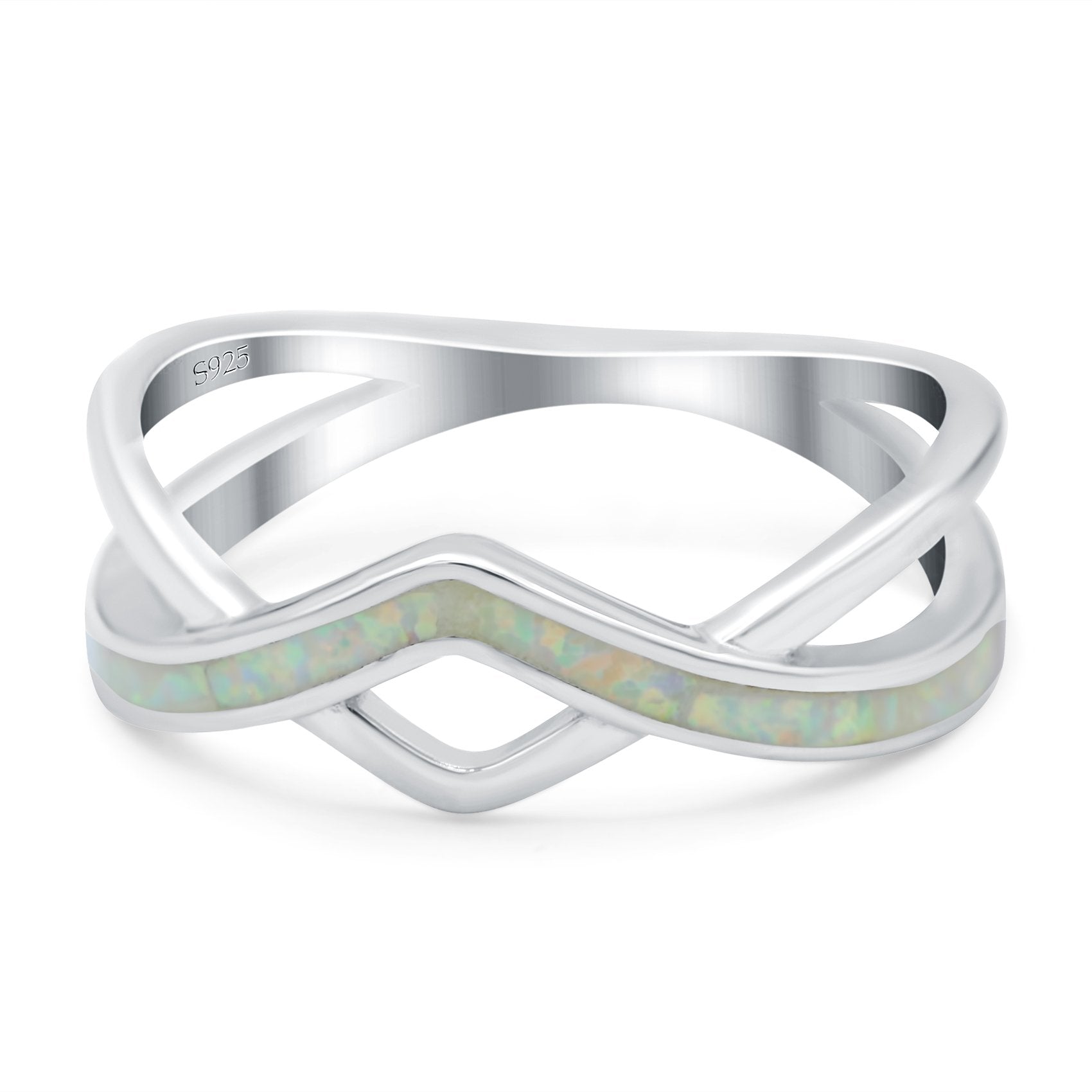 Criss Cross V Shape Ring Band Lab Created White Opal 925 Sterling Silver (6mm)