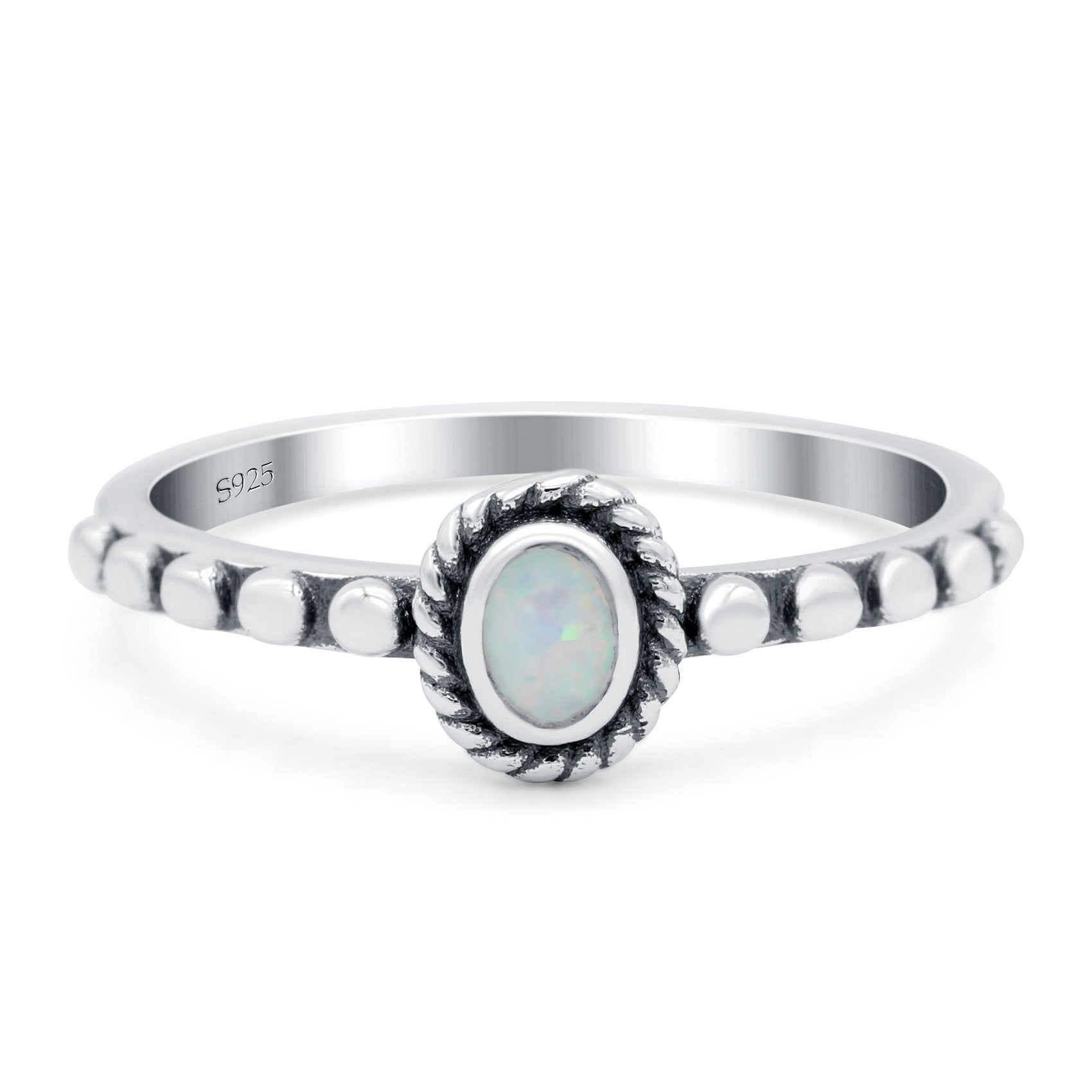 Oval Shape Ring Band Lab Created White Opal 925 Sterling Silver (7mm)