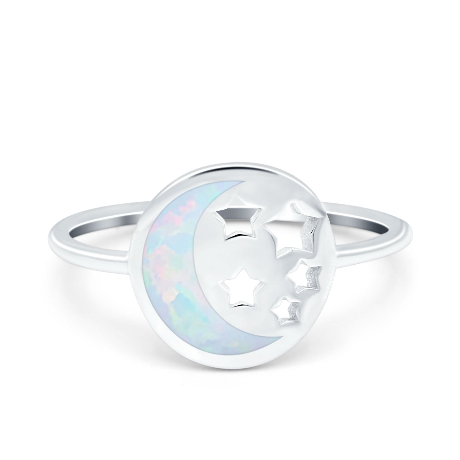 Moon and Stars Ring Band Lab Created White Opal 925 Sterling Silver (12mm)