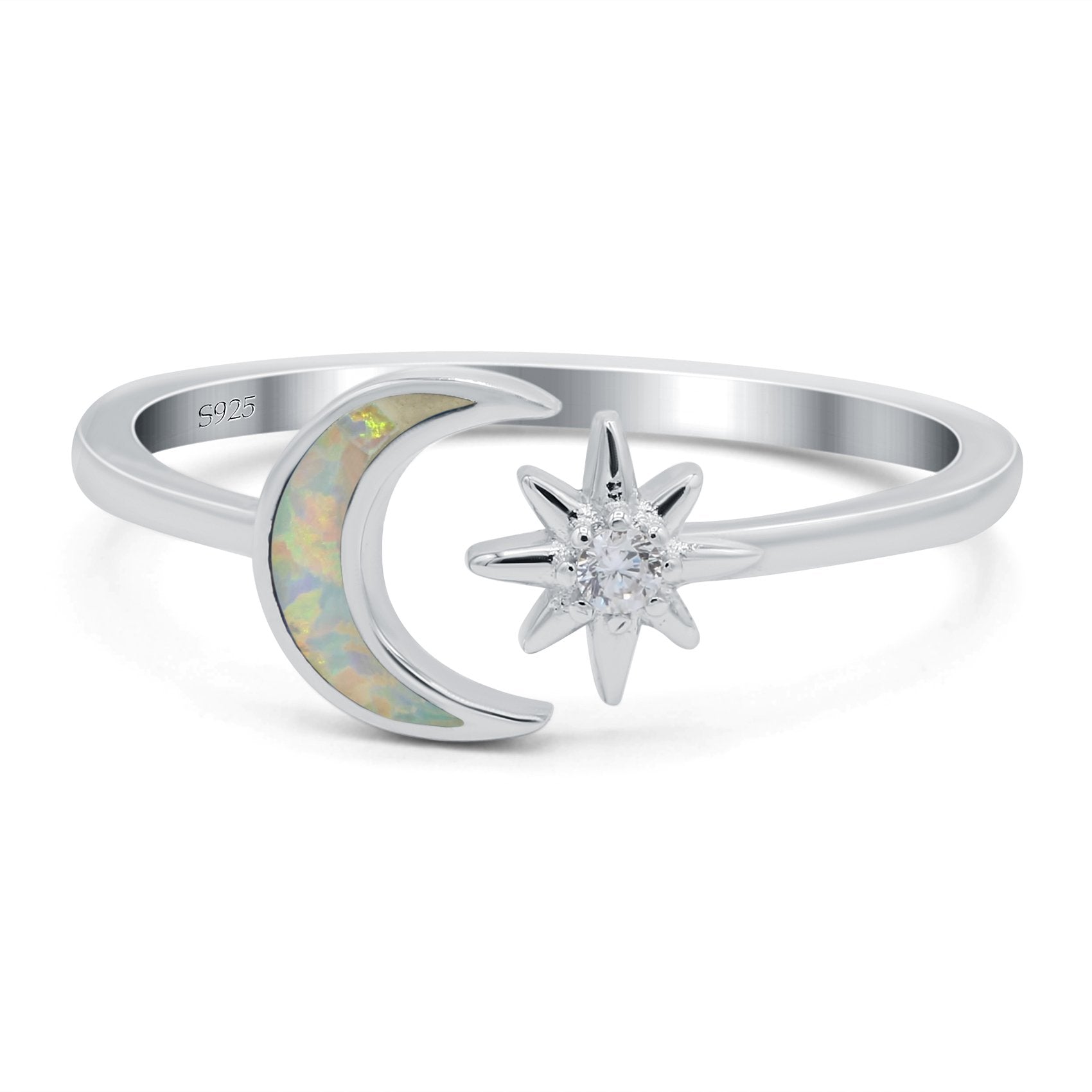 Moon & Star Ring Lab Created White Opal Simulated Cubic Zirconia 925 Sterling Silver
