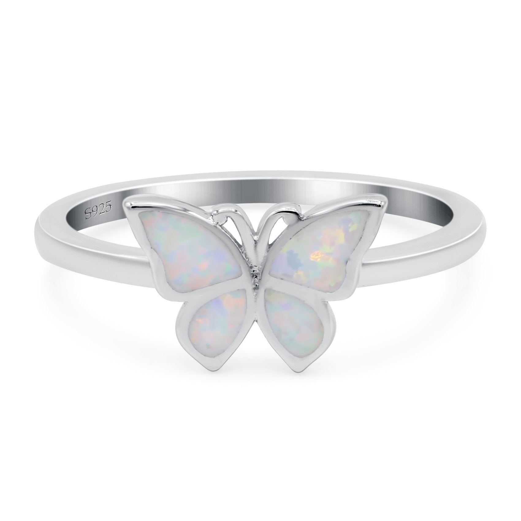 Butterfly Ring Band Lab Created White Opal 925 Sterling Silver (8mm)