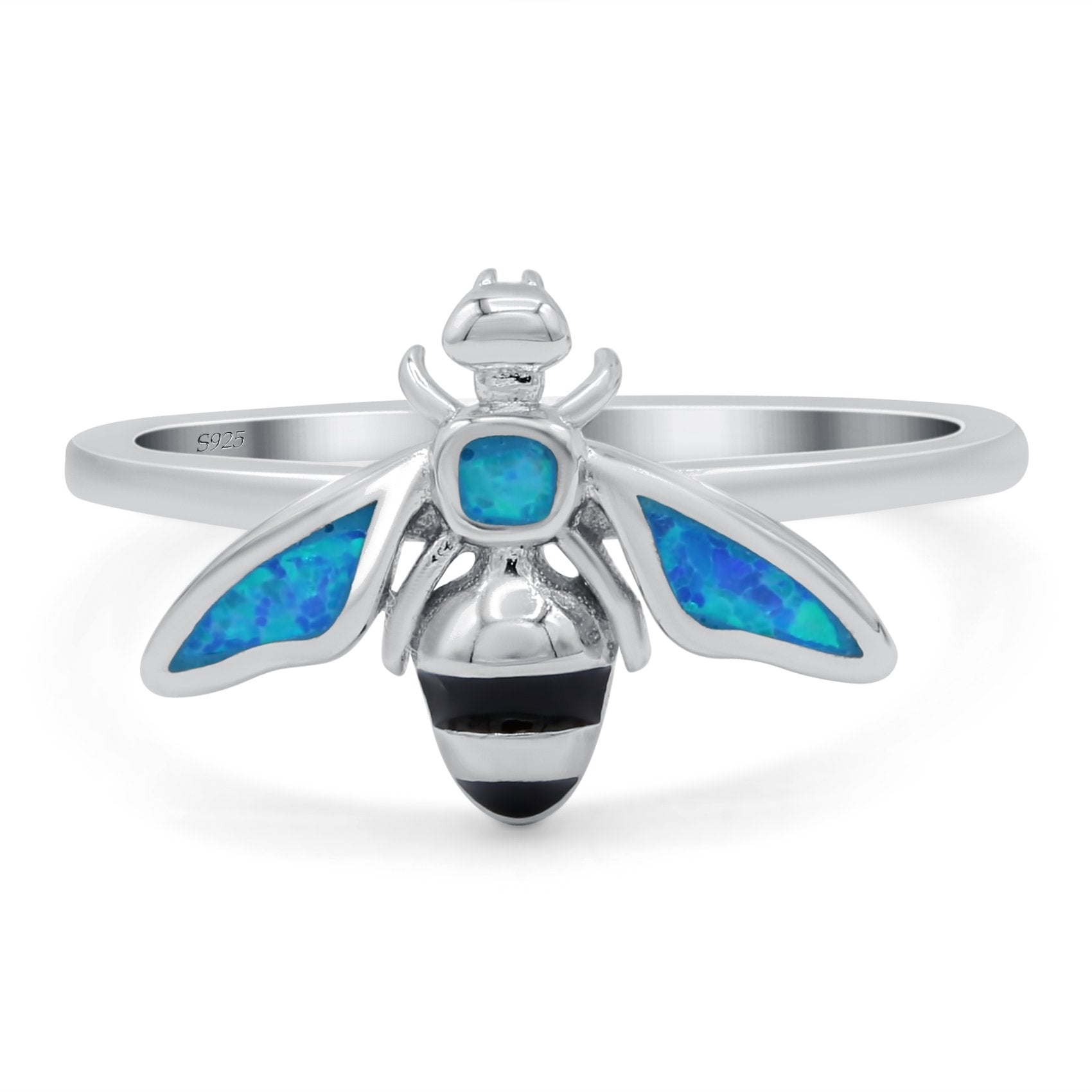 Bee Ring Band Lab Created Blue Opal 925 Sterling Silver (11mm)