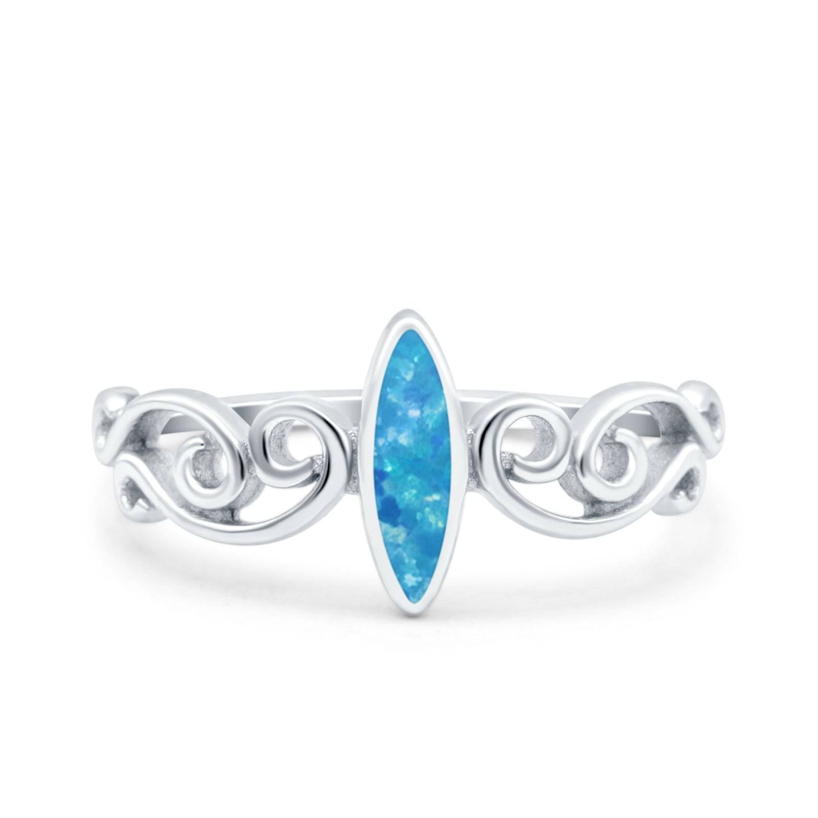 Filigree Thumb Marquise Ring Band Lab Created Blue Opal 925 Sterling Silver (9.5mm)