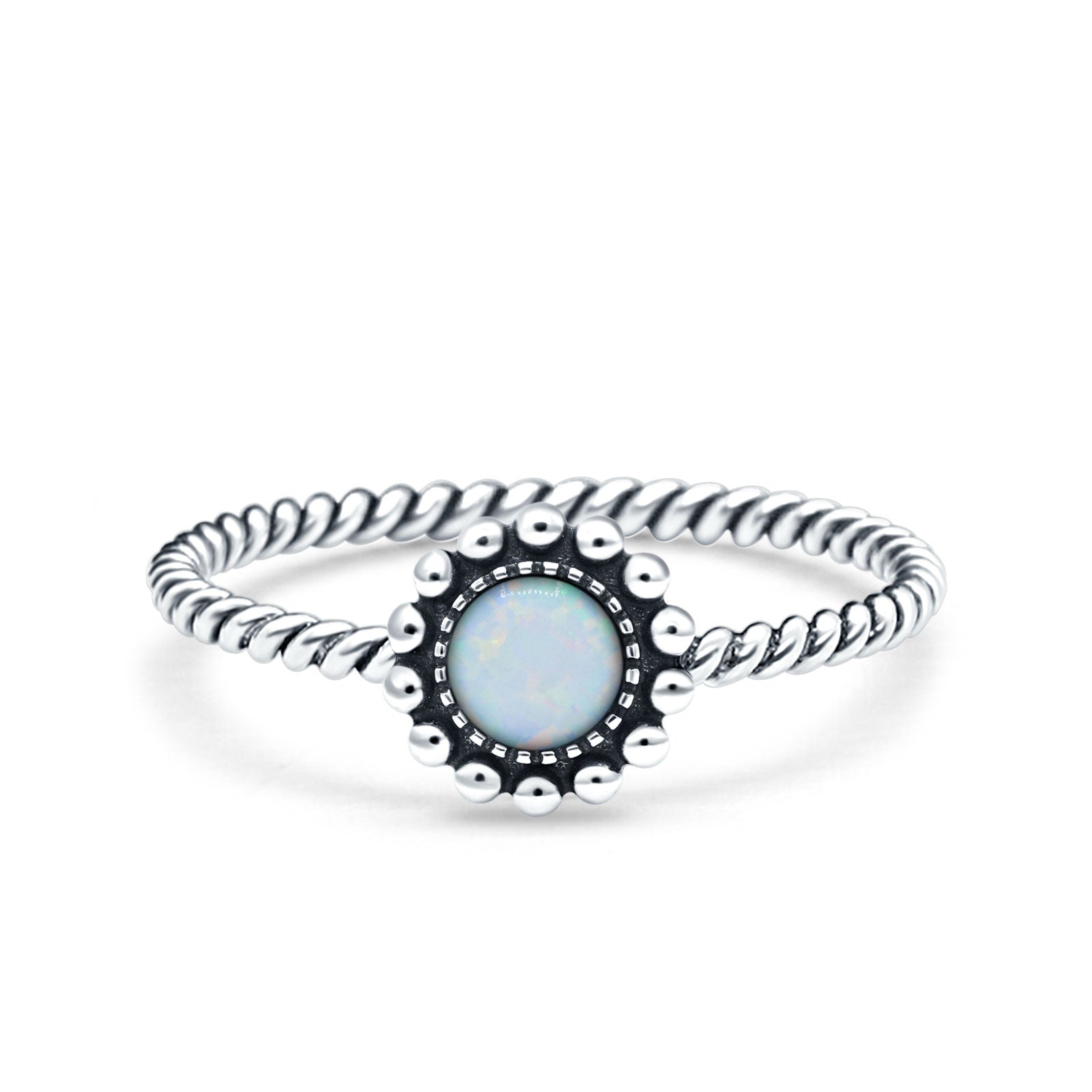 Petite Dainty Rope Vintage Style Lab Opal Ring Solid Oval Oxidized Lab Created White Opal 925 Sterling Silver
