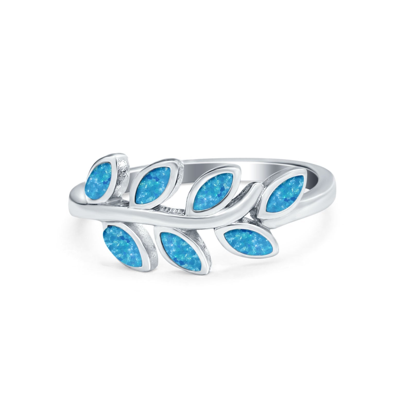 Sideways Leaf Natural Dominican Thumb Ring Lab Created Blue Solid 925 Sterling Silver
