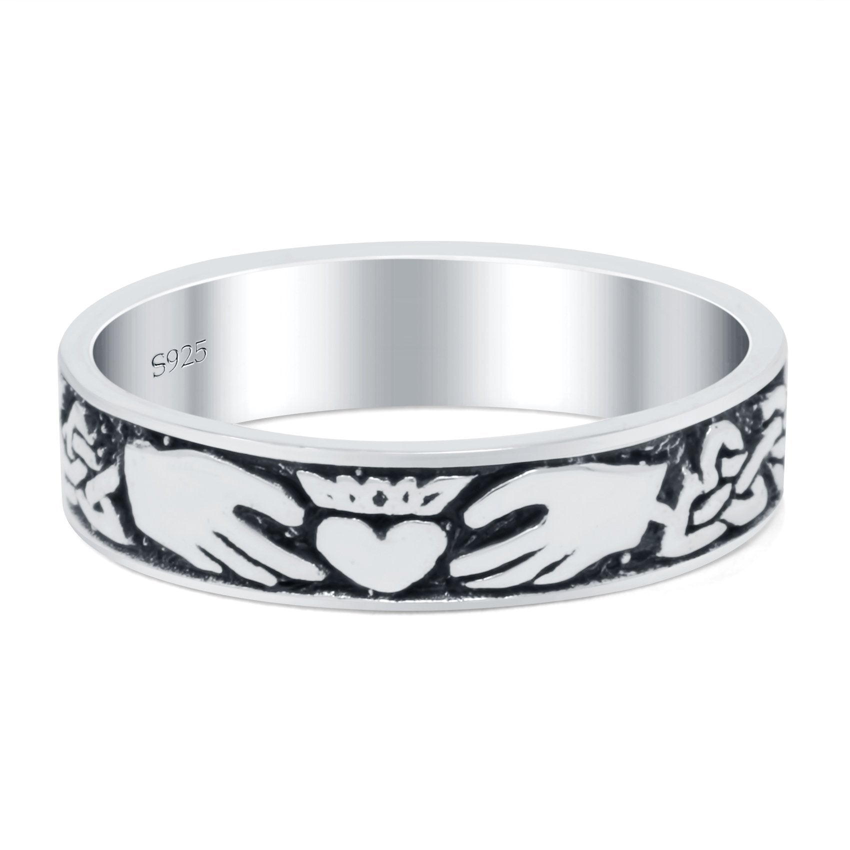 Claddagh Band Oxidized Ring Solid 925 Sterling Silver (5mm)