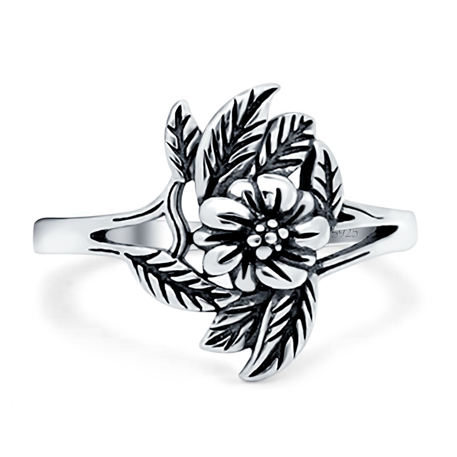 Flower Band Oxidized Ring Solid 925 Sterling Silver (14mm)