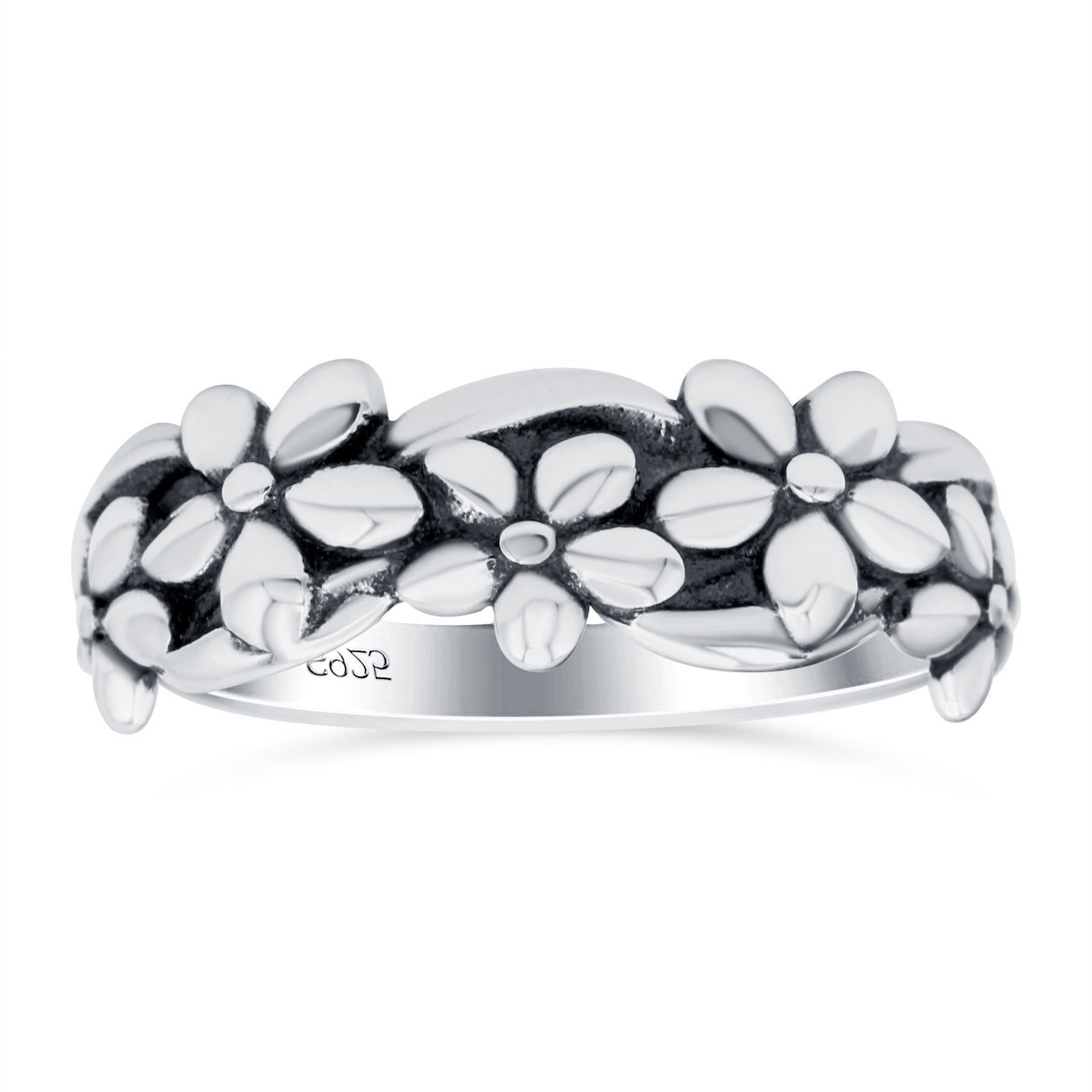 Daisies Oxidized Band Solid 925 Sterling Silver Thumb Ring (7mm)