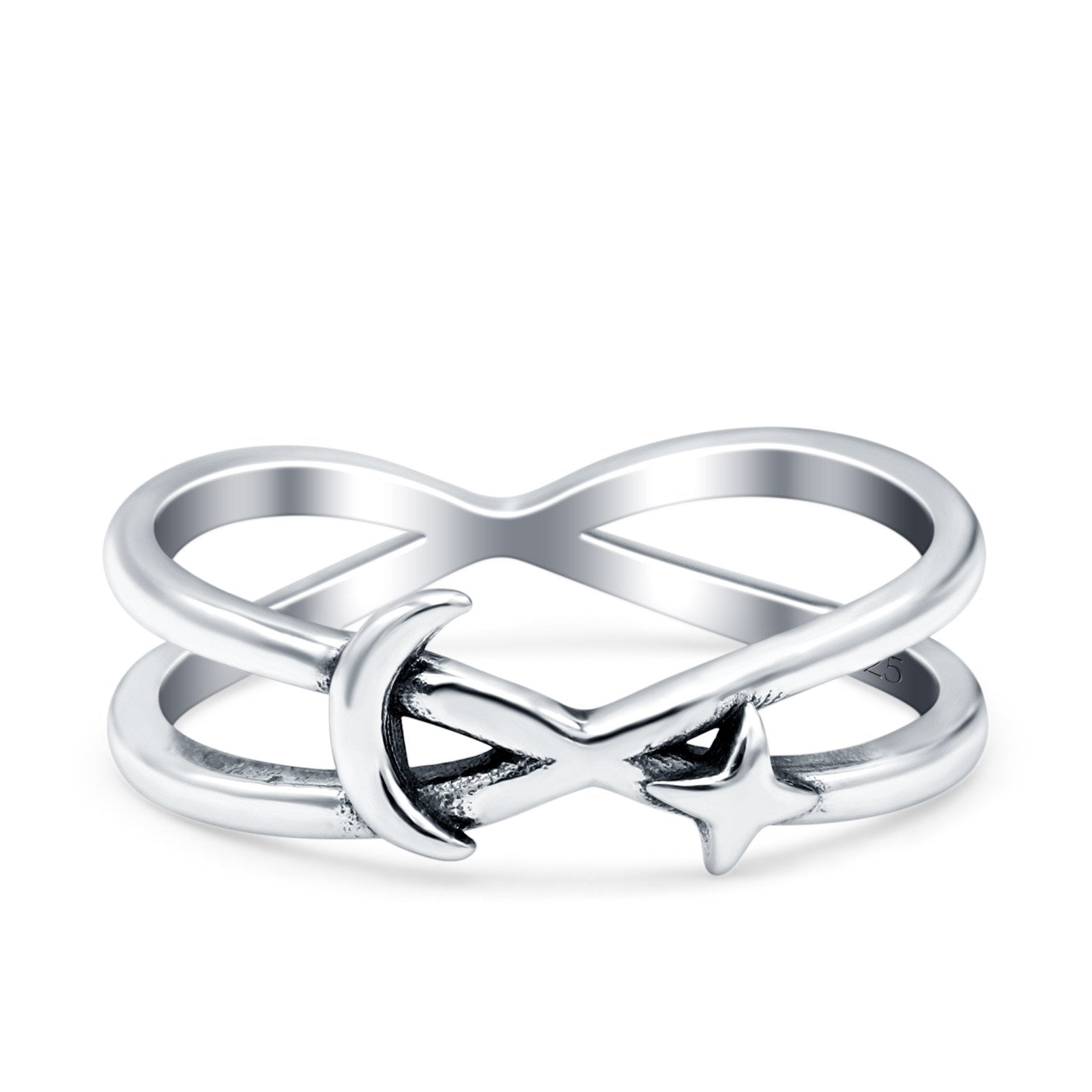 Moon & Star Oxidized Band Solid 925 Sterling Silver Thumb Ring (5.8mm)