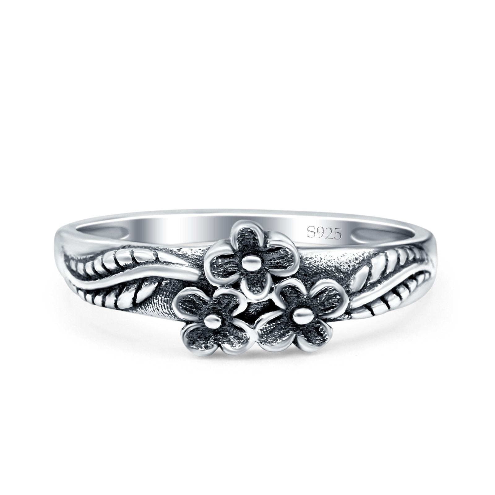 Daisies Plumeria Leaf Flower Oxidized Band Solid 925 Sterling Silver Thumb Ring (6.5mm)
